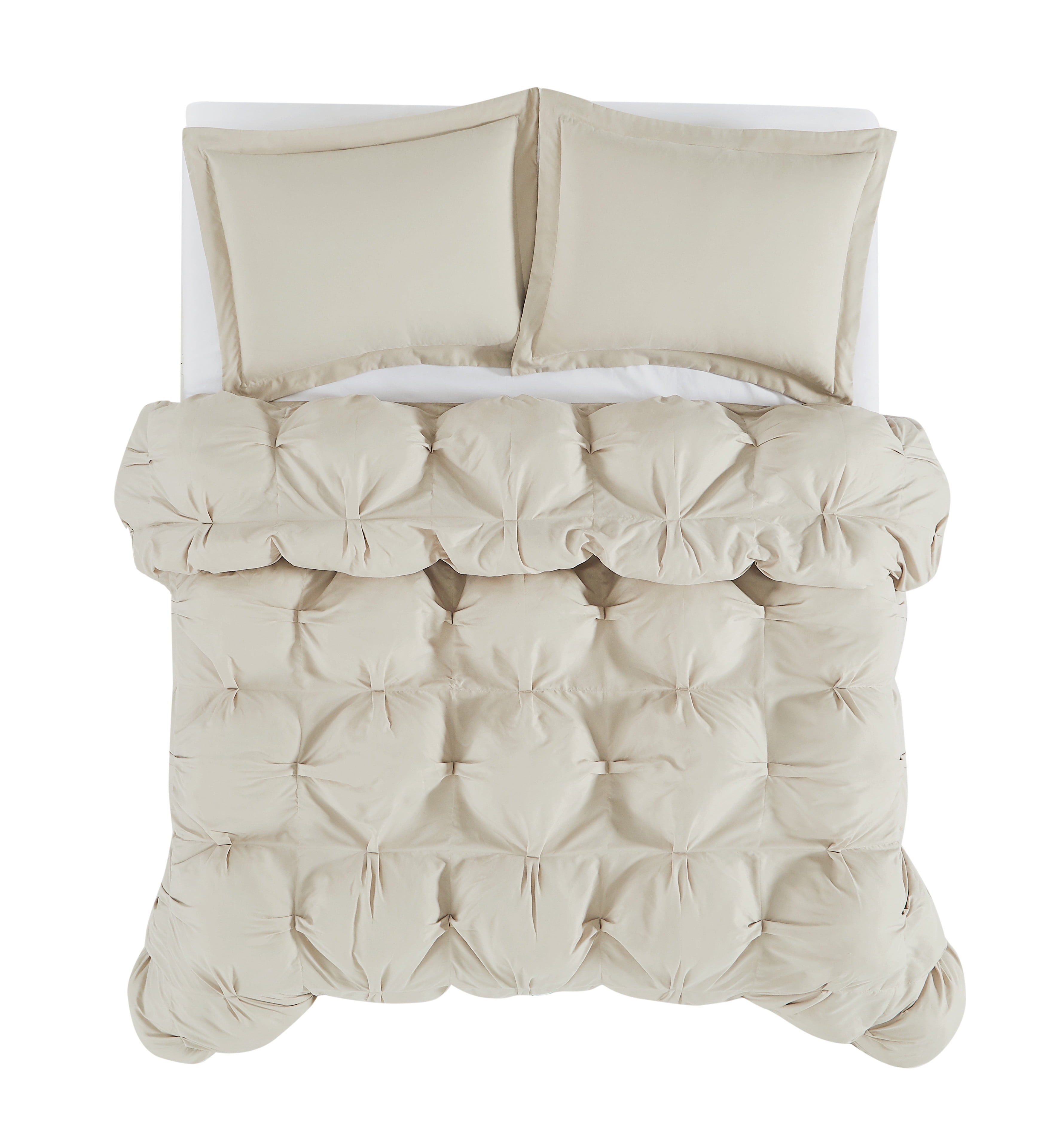 Truly Soft Cloud Puffer Boxed Pleat 100% Microfiber Polyester Beige 3-Piece Full/Queen Comforter Set, Solid Casual themed, Adult Bedding, OEKO-TEX Certified