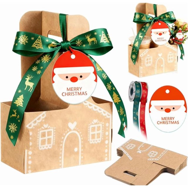 Portavasos De Pan Jengibre, Navideño Asa Para 2 Tazas, Cajas Papel Con Forma Flor, Bolsas Regalo Casita Tarjetas Felicitación, Cinta Adorno Agradecimiento 6pcs