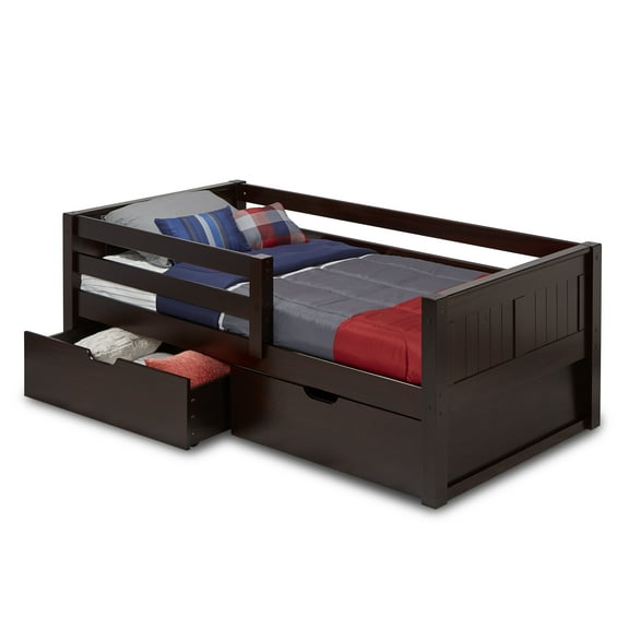 Camaflexi Twin Size Day Bed with Front Guard Rail & Drawers - Panel Headboard - Cappuccino Finish