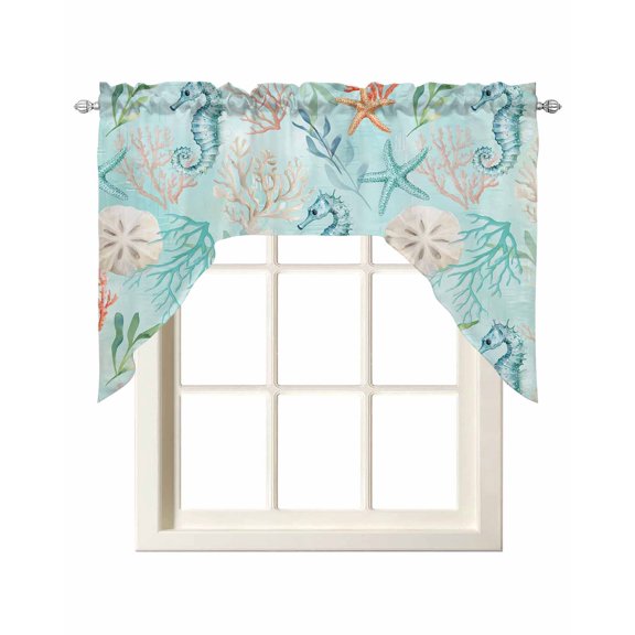 Teal Red Coastal Swag Valances for Windows, Small Curtains Drapes, Nautical Seahorse Beach Coral Starfish Kitchen Window Curtains Over Sink Window Treatment Valance for Bedroom/Bathroom 56"x36"