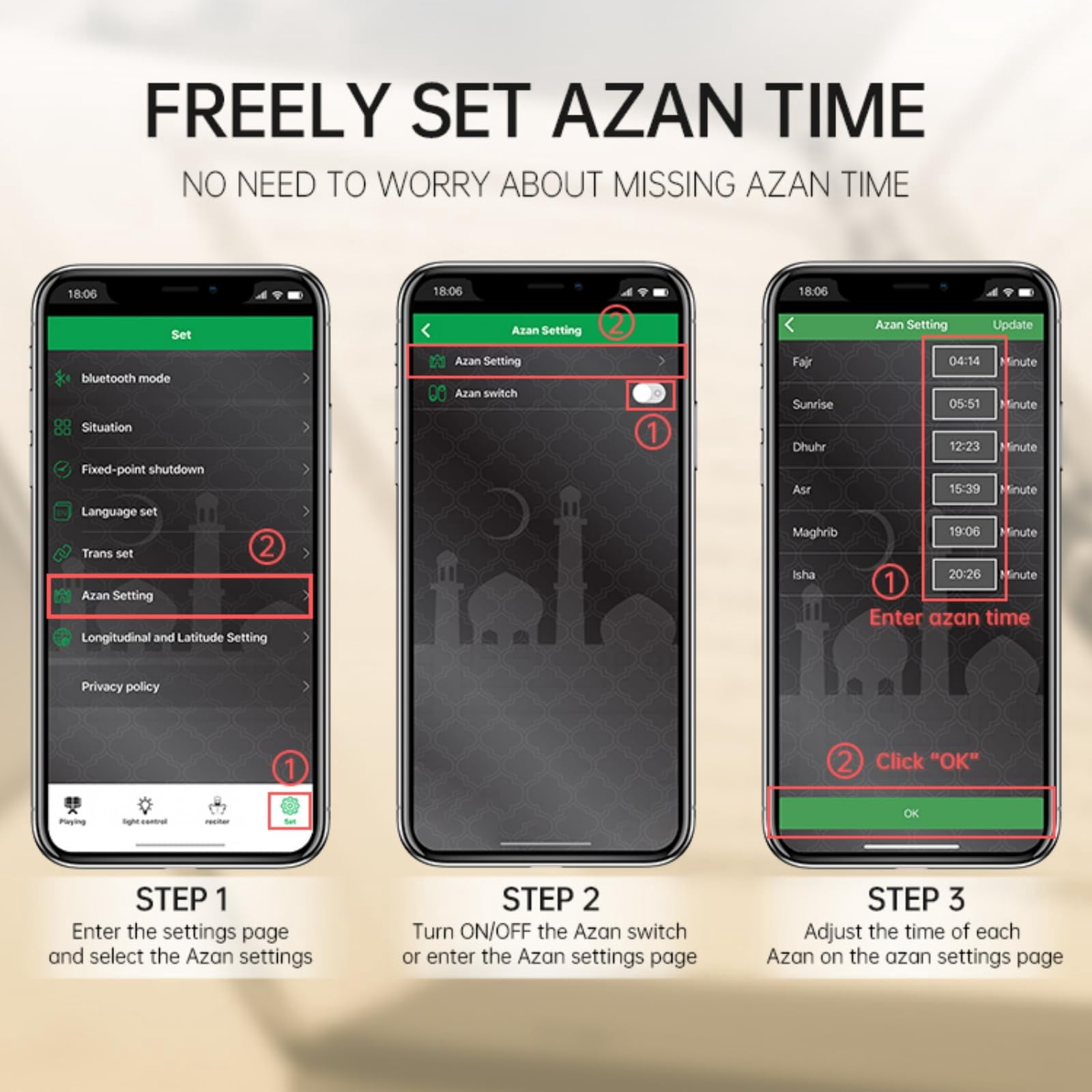 Zhouhuaboy Quran Speaker Clock: Smart Azan Clock with App & Bluetooth, Wireless LED Night Light, Quran Translation