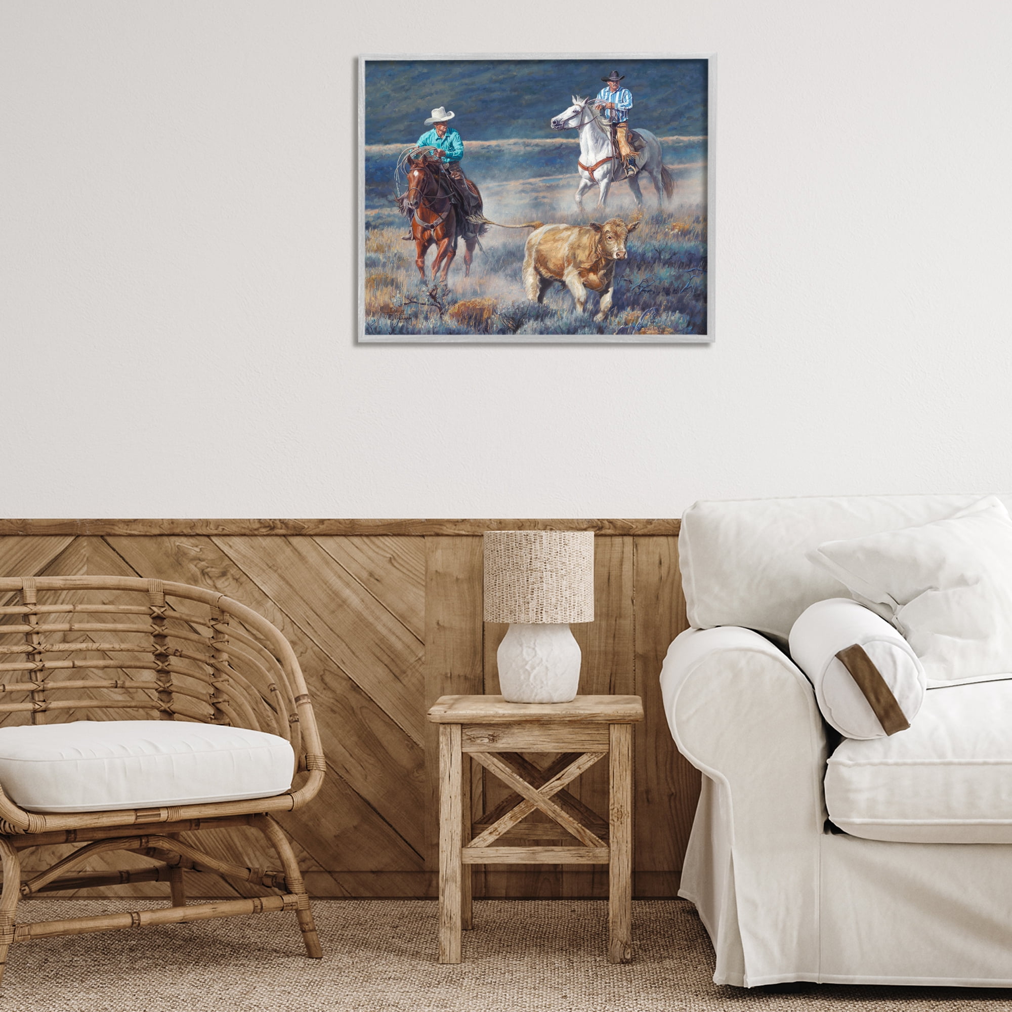 Stupell Industries The Chase Cowboys Landscape Painting Gray Framed Art Print Wall Art, 30 x 24