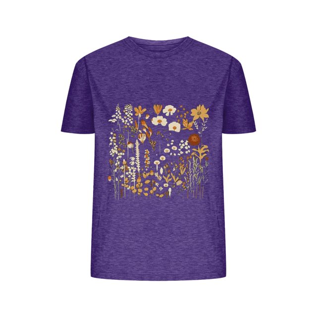 Blusas de Verano de las Mujeres Flor Impresa Cuello Redondo Manga Corta Superior, Verano Superior de las Mujeres