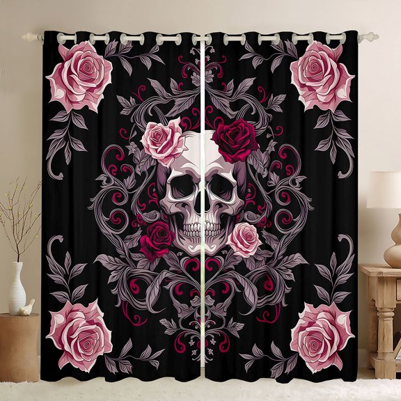 Homewish Gothic Sugar Skull Kitchen Curtains,Pink Red Damask Flowers Black Out Curtains Pack of 2 (42x63 Each),Halloween Living Room Curtains