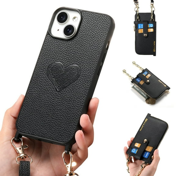 SaniMore for iPhone 13 Case, PU Leather Removeable Zipper Purse with Card Slots Crossbody Lanyard Shockproof Bumper Anti-drop Love Heart Stylish for Girls Women Wallet Cover for iPhone 13, Black