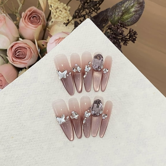 Shiny Rhinestone Handmade Press on Nails for Women Classy Wedding Prom Extra Long Stiletto Pink Fake Nails