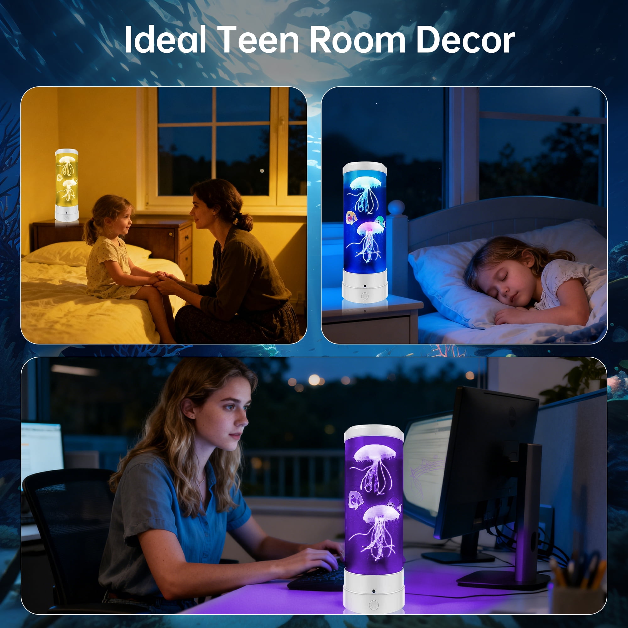 BravSco Jellyfish Table Lamp, 17-Color Changing LED Night Light with Remote Control, 4 Lighting Modes, USB Powered, White, for Teen Bedroom, White