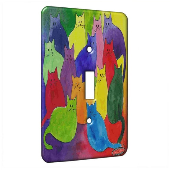 KuzmarK™ Single Gang Toggle Switch Wall Plate - Colorful Kitties Rainbow Colors Abstract Cat Art by Denise Every