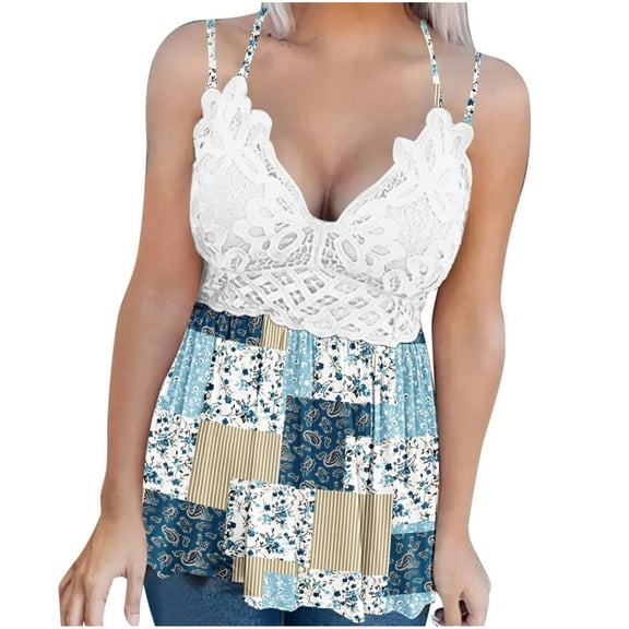 Womens Clothes Clearance 2025 Clearance! asdoklhq Womens Plus Size Tops,Women's Lace Patchwork Printed Vest Sleeveless Blouse Suspenders Tops