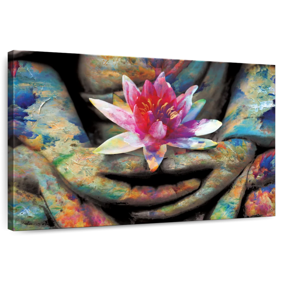 Elephant Stock Lotus Flower In Hand Wall Art - Horizontal Canvas Wall Art - Living Room Wall Decor - Floral And Botanical Canvas - Gray And Blue Decor - 12" x 8"