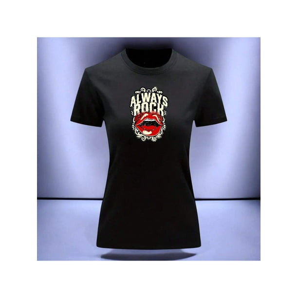 Playera Blusa Con Estampado De Always Rock Con Labios Sexys Ropa Para Mujer Color Negro Talla Chica Marca Emil SaEs
