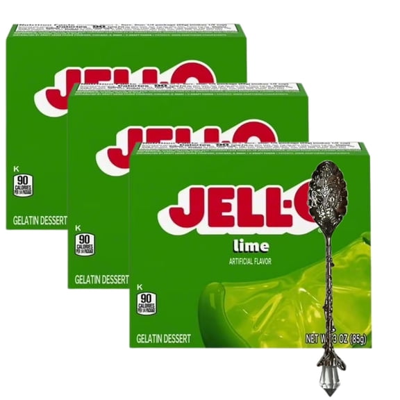 Jεll-0 Gelatin Dessert Mix, 3 oz Box (Pack of 3) with Candy Freezer Gem Spoon (Lime Flavor) - Gem Spoon