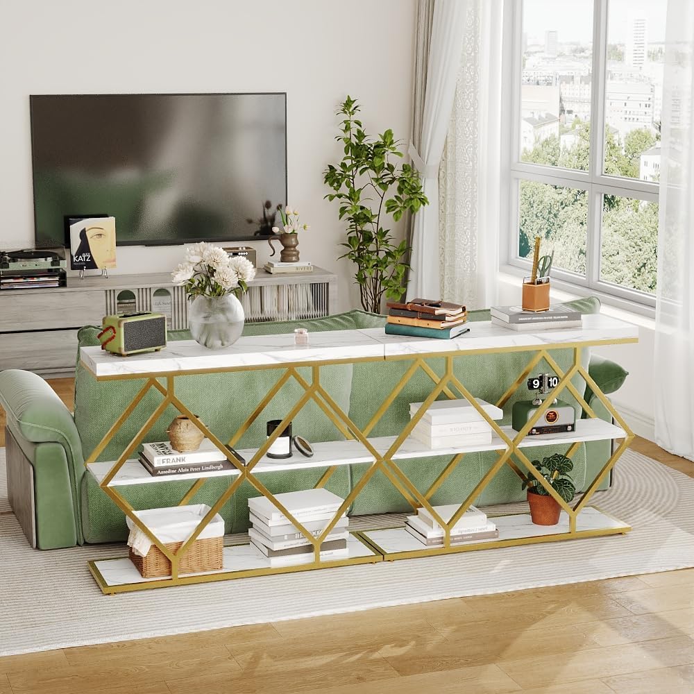 Industrial 3-Tier Entryway Table, Console Sofa Table with Open Shelves, X-Shaped Metal Frame, Foyer Accent Table for Entryway, Hallway