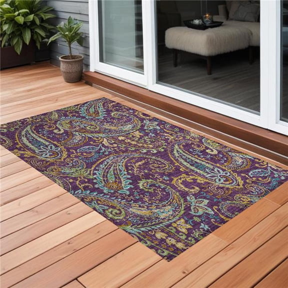 HomeRoots 561446 2 x 3 ft. Purple Paisley Washable Non Skid Indoor Outdoor Rectangle Machine Woven Area Rug