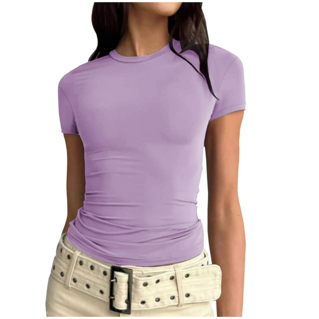 AherBiu Hauts Grande Taille pour Femmes Basiques Couleur Unie Col Rond Manches Courtes Ajustés Extensibles Confortables T-Shirts Hauts
