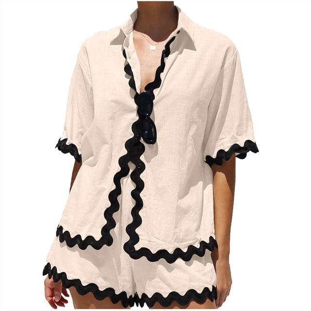 Yuyuzo Ensembles 2 Pcs pour Femmes Ensembles de Pyjamas d'Été Chic Décontracté Chemises à Col en V Shorts à Jambes Larges