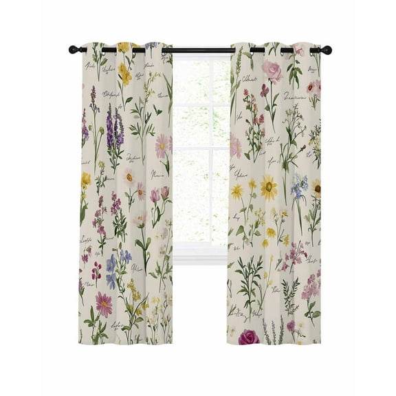 Vintage Watercolor Blackout Curtains for Bedroom Living Room, Wildflowers Leaves Botanical Rustic 54 In Long Thermal Insulated Room Darkening Drapes Grommet Window Treatments, 52 x 54 In