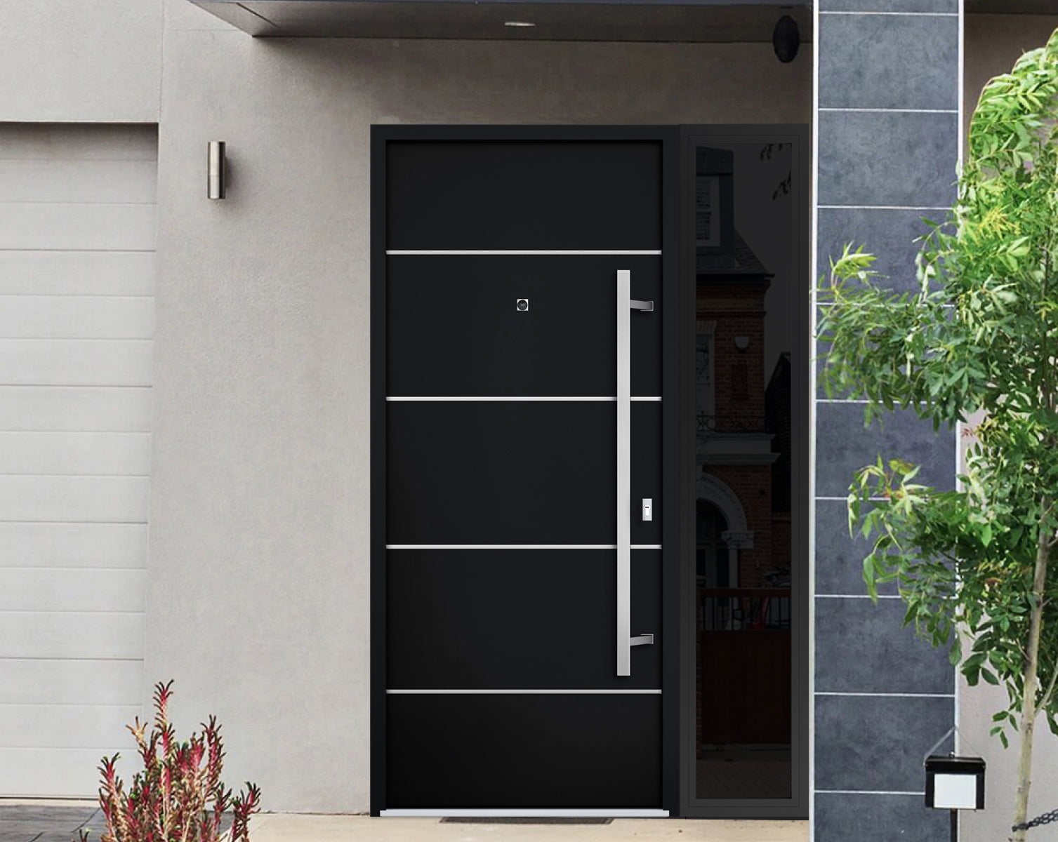 Front Exterior Prehung Steel Door / Deux 6083 Black Enamel / Side Exterior Window Sidelite / Stainless Inserts Entry Metal Modern Painted W36+16" x H80" Left hand Inswing