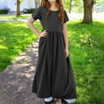 thumbnail image 6 of Girl's Short Sleeve Maxi Dress, Tween Loose Casual Long A-Line Flowy Summer Beach Dress with Pockets Kids Pearl Dress Black 5Y, 6 of 8