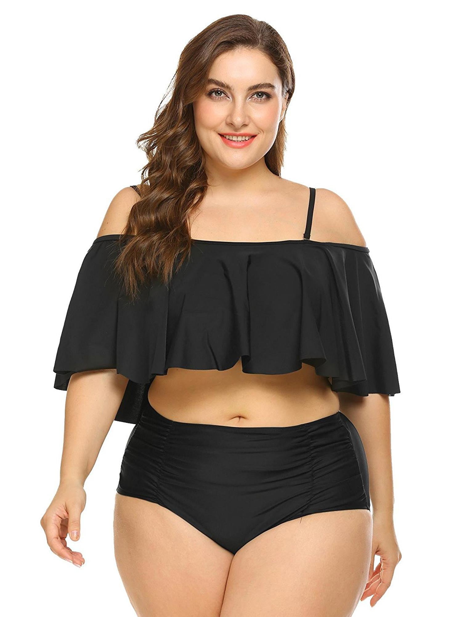 Womens Plus Size High Waist Ruffled Off Shoulder Bikini Two Piece Bathing - Walmart.com