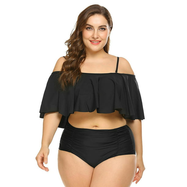 Roux en milliard trug Womens Plus Size High Waist Ruffled Off Shoulder Bikini Two Piece Bathing  Suit Swimwear - Walmart.com