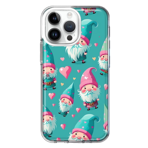 MUNDAZE Case for Apple iPhone 15 Pro Max Slim Hard Shell Soft TPU Hybrid Shockproof Heavy Duty Protective Phone Cover - Turquoise Pink Hearts Gnomes