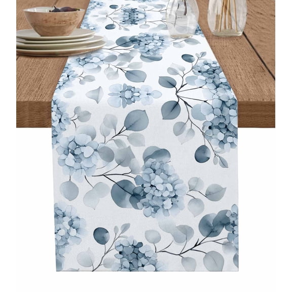 Teal Blue Botanical Table Runner 72 Inches, Spring Floral Eucalyptus Leaves Bed Runner Dresser Scarves Tabletop for Indoor Outdoor Parties/Ceremony/Banquet, 13" x 72"