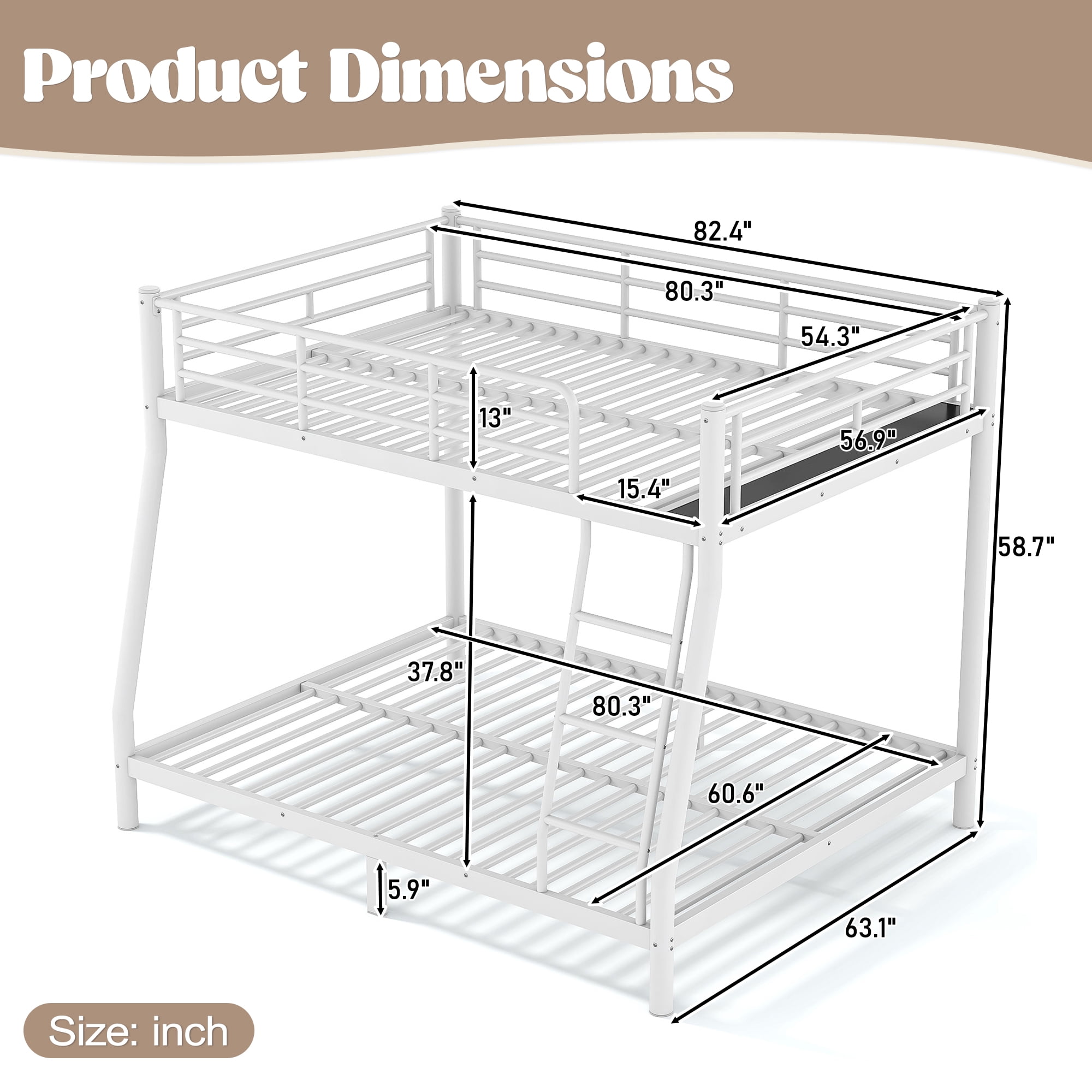 GARITIN Full XL Over Queen Size Metal Bunk Bed 82.4 Inch, Bunk Bed Frame with Ladder and Guardrails for Teens Adults, White
