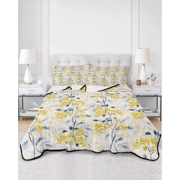Quilts Full Size, Yellow Blue Spring Floral Soft Comforter Bedding Set for Bed, Summer Botanical Farmhouse Lightweight Quilted Bedspread with Pillow Cover(2 Pieces) for All Season, 78x90 Inch