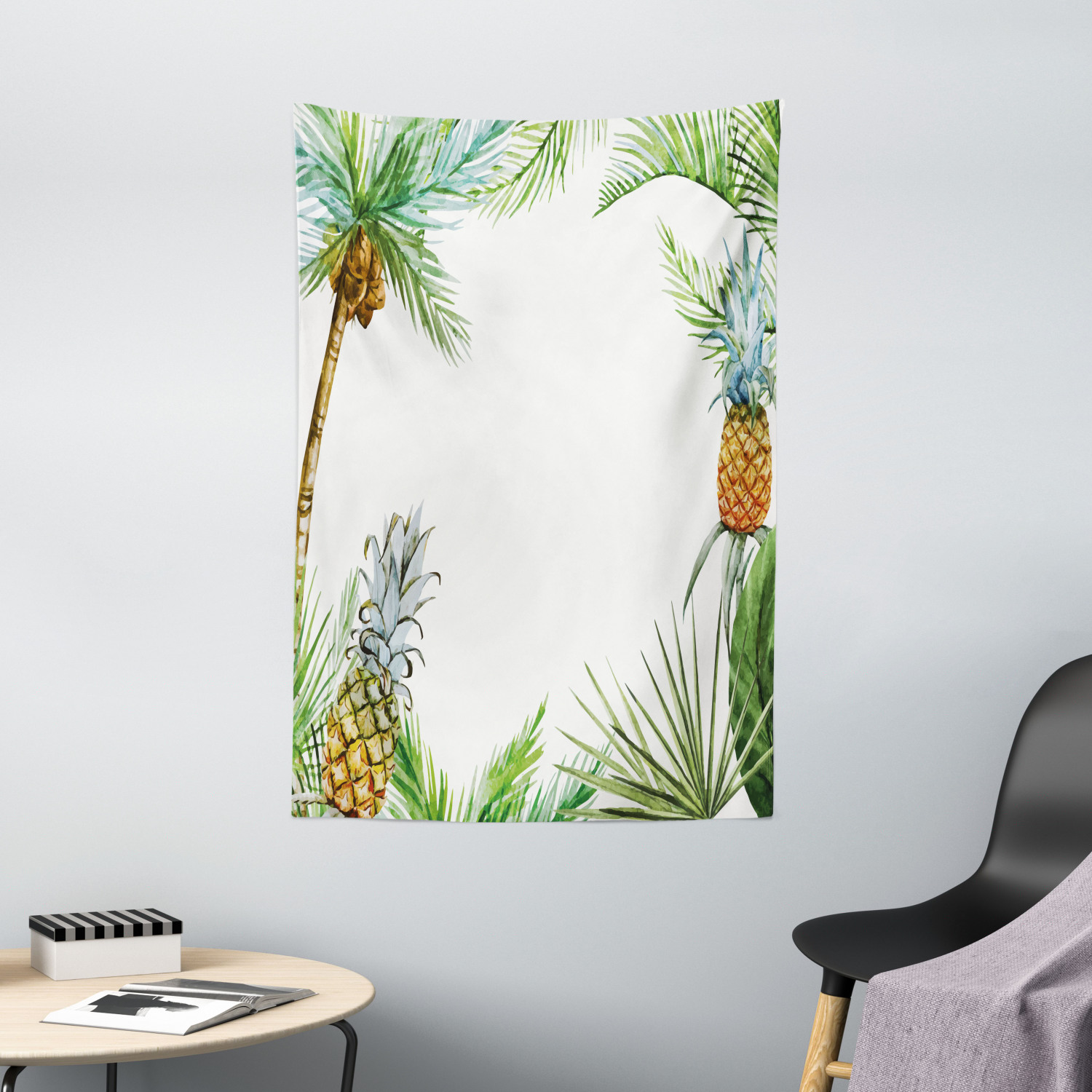 Pineapple Tapestry, Watercolor Tropical Island Style Border Print