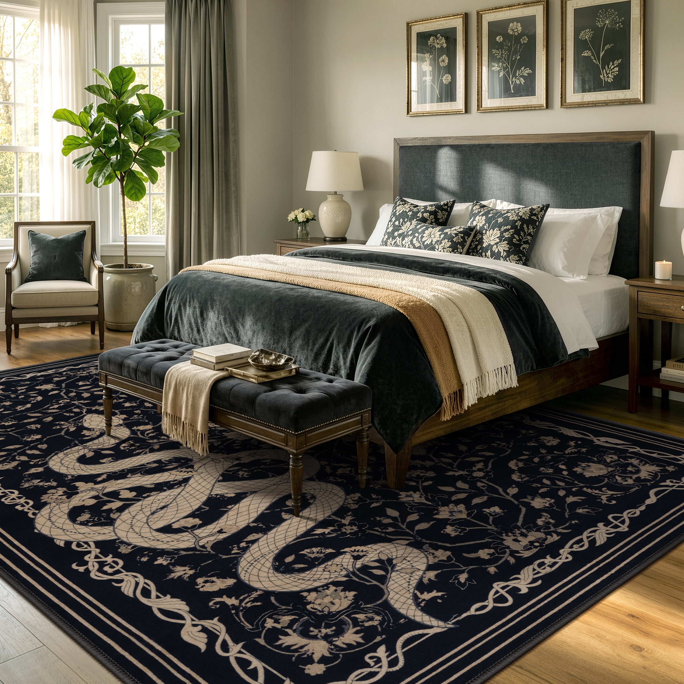 Moynesa Vintage Snake 8'x10' Large Area Rug for Living Room, Washable Black Floral Rug Botanical Statement Accent Carpet for Bedroom Dining Room Home Office Non Slip Stain Resistant Low Pile