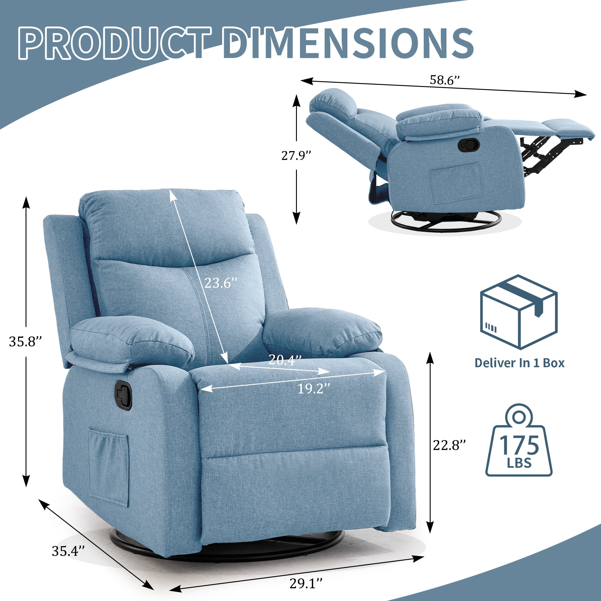 GEEYOO Manual Swivel Rocker Recliner Chair with Side Pockets,Small Recliner Chair for Small Spaces,Upholstered Linen Fabric Glider Nursery Chair for Living Room,Blue