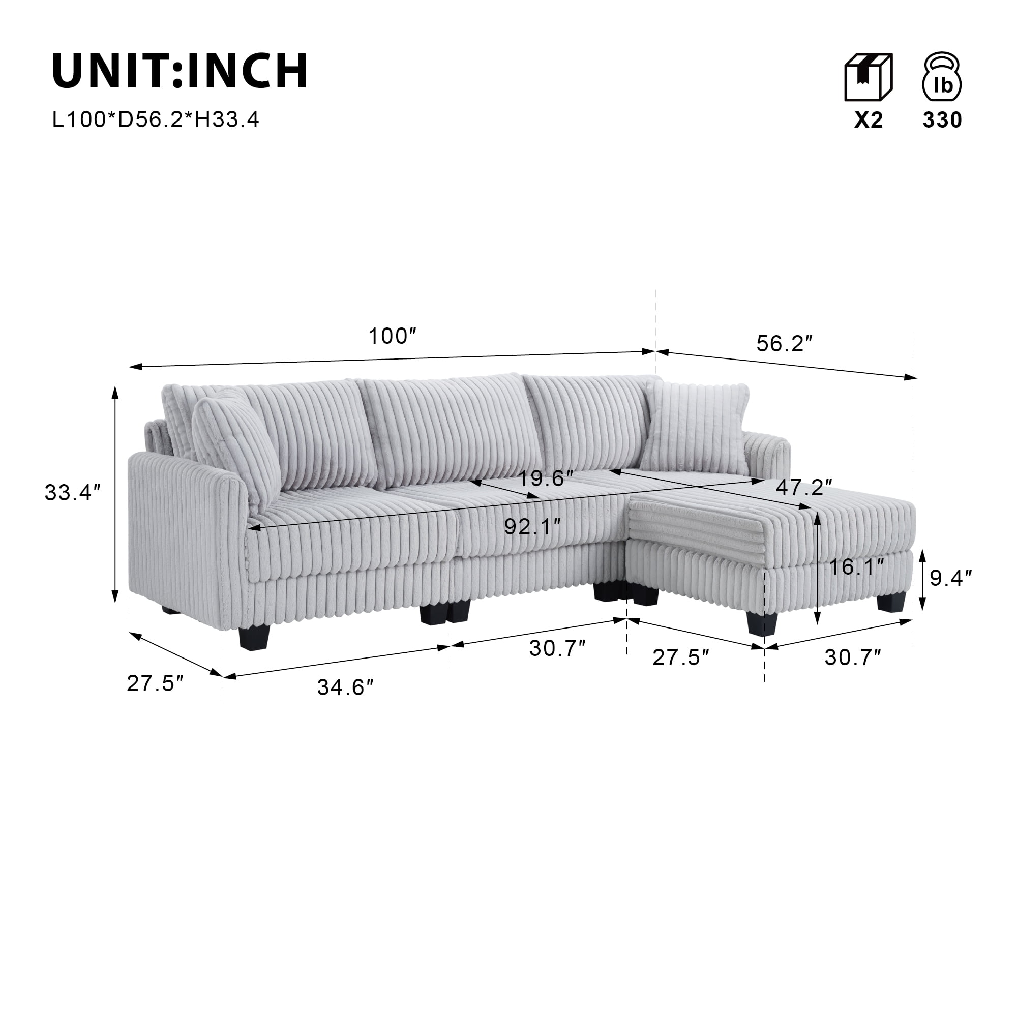 Modular L-Shaped Sectional Sofa with Built-in Dual USB and Type-C Charging Ports, 100-Inch Corduroy Convertible 3-Seater Couch, Grey