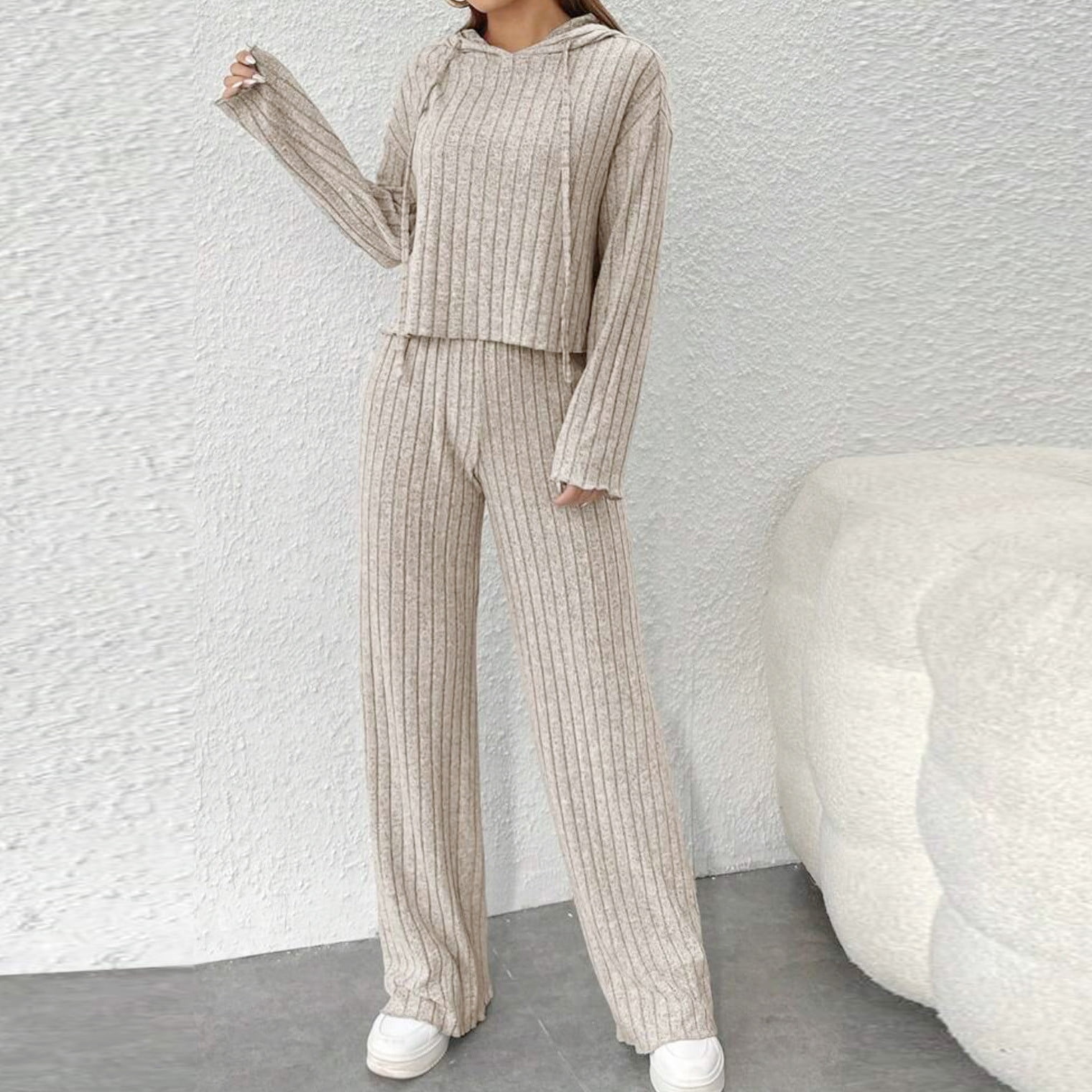 Posijego Womens Two Piece Sweater Set Knit Hooded Pullover Top Wide Leg Pants Matching Sweatsuit Lounge Set