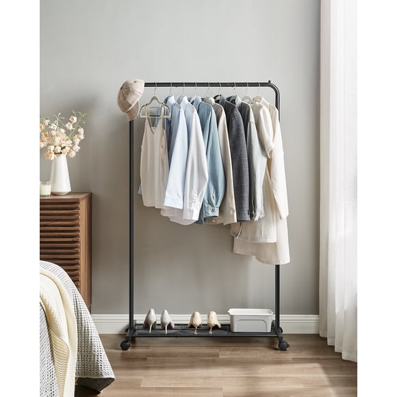 SONGMICS Perchero Burro con Ruedas, Perchero de Ropa, 40.5 x 91 x 158 cm, Estante de Malla Densa, 2 Frenos, Estructura de Acero, Negro