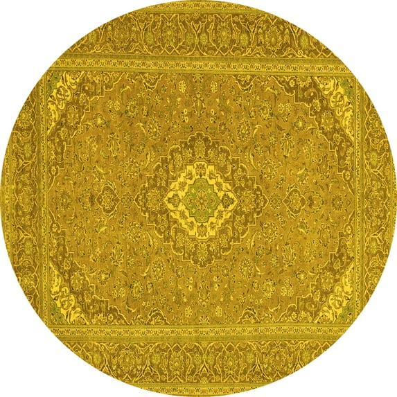 Ahgly Company Machine Washable Indoor Round Medallion Yellow Traditional Area Rugs, 8' Round