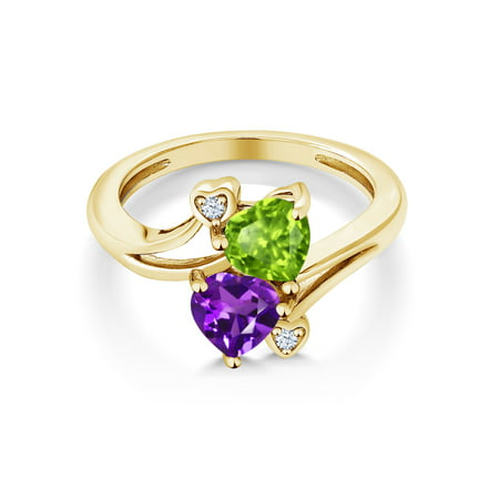 10K Yellow Gold Purple Amethyst and Green Peridot Women Ring (1.51 Ct Heart  Shape, Gemstone Birthstone, Available in size 5, 6, 7, 8, 9)