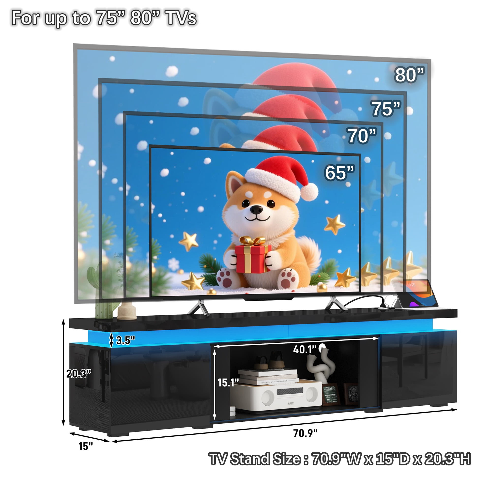 71" LED TV Stand with 40" Fireplace Slot & Power Outlet, High Gloss Fireplace TV Stand for 65 70 75 80 inch TVs, Modern Media Console Entertainment Center (No Fireplace)