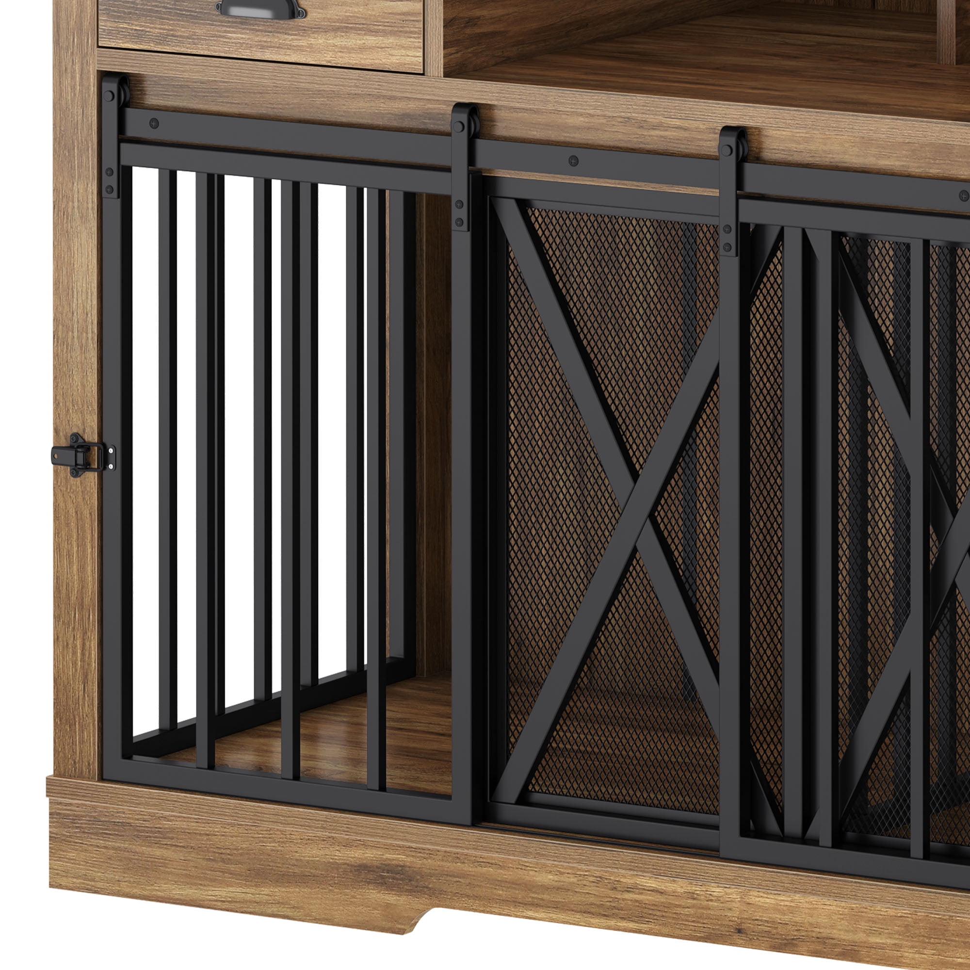Uforic 63" Dog Crate Furniture with 2 Drawers,TV Stand with Charging Station 63" Large Wooden Indoor Dog Kennel - Brown