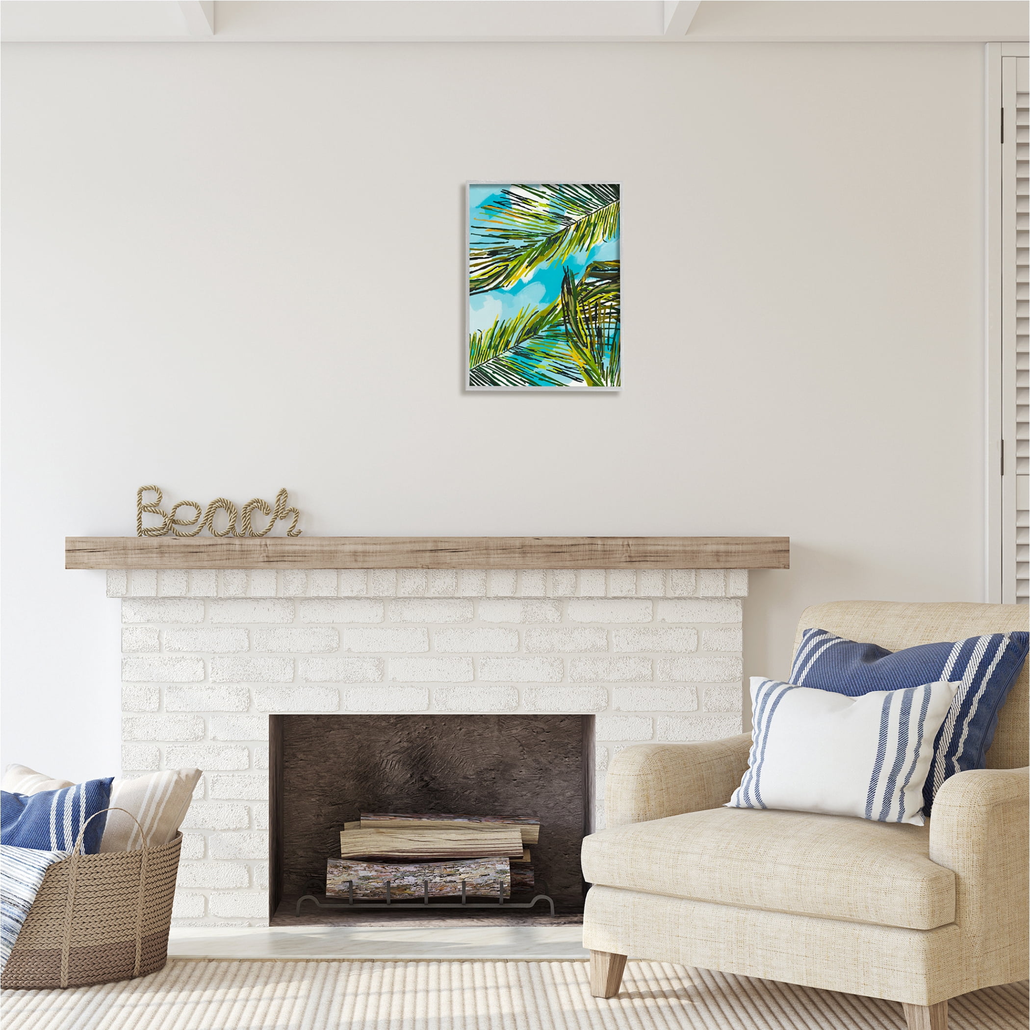 Stupell Industries Palm Leaves Blue Sky Botanical & Floral Painting Gray Framed Art Print Wall Art, 16 x 20