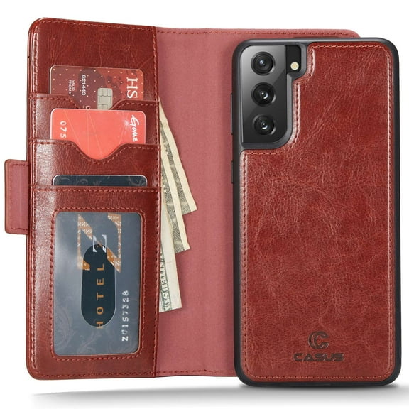 Casus Leather Wallet Back Zipper Magnetic Flip Cover Card Holder Case for iPhone 13 Pro - Brown
