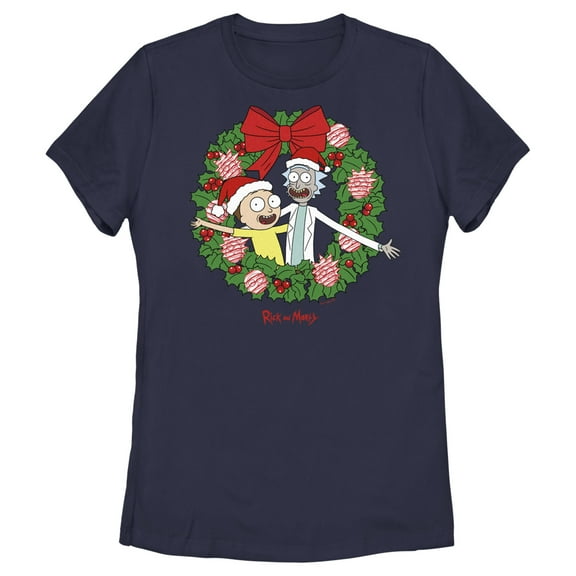 Women's Rick and Morty Christmas Wreath  Graphic Tee Navy Blue Large