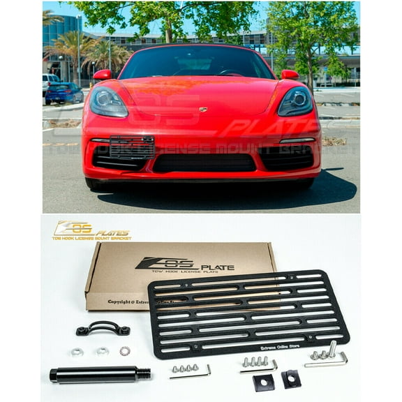 Replacement For 2017-Present Porsche 718 Boxster Models With PDC | EOS Plate Version 2 Front Bumper Tow Hook License Plate Relocator Mount Bracket Lowering Bracket Tow-450-V2 ( Full Size )