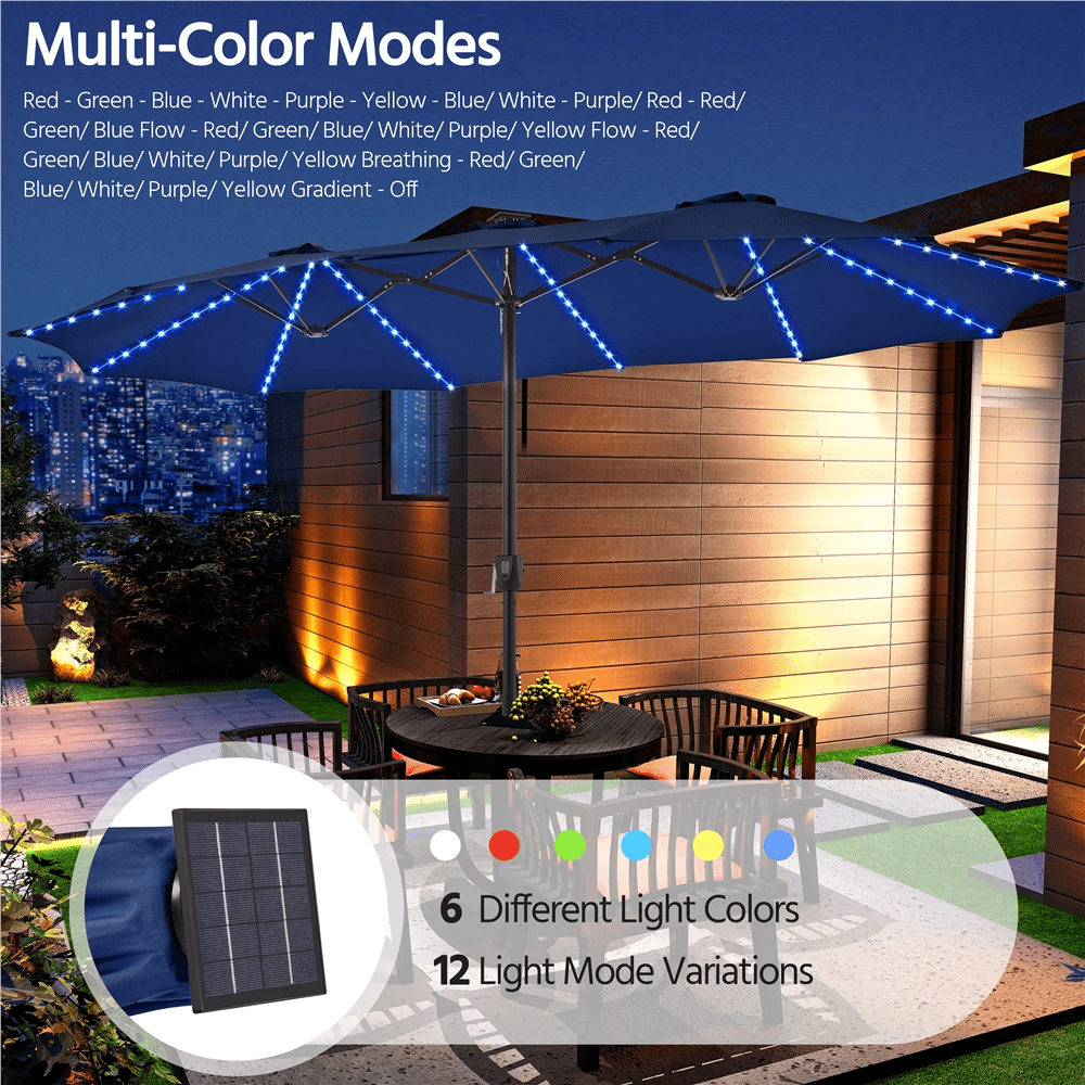 Renwick 15 FT Outdoor Umbrella with Base & Multi-Mode LED Lights Strips, Navy Blue