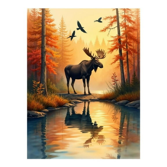 Diamond Art Kit for Adults, Moose In Autumn Forest Reflection Diamond Painting for Adults Beginners, DIY Diamond Art Painting Kits, 5D Diamond Painting Crafts for Home Decor 12x16 Frameless