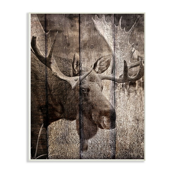 The Stupell Home Decor Brown Moose Planked Look Photography Wall Plaque Art