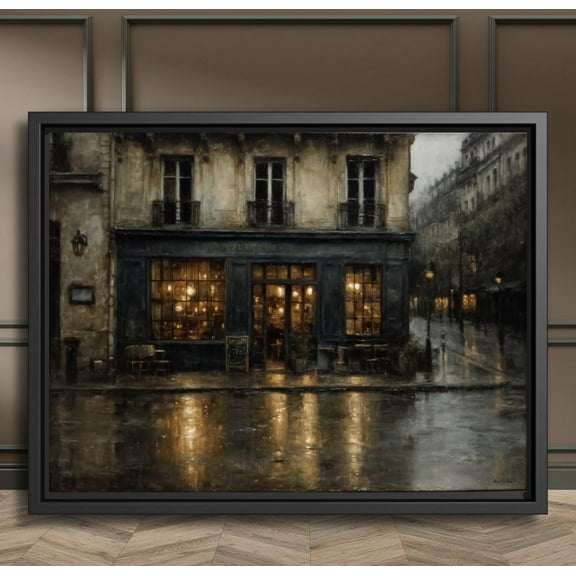 Vintage London Street Scene Poster European Rainy Day, Reflections On Sidewalk Wall Art, Victorian Storefront Illustration, Unframed Poster Size 8x12