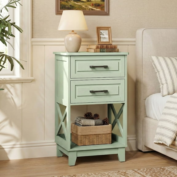 CozyHome Modern Nightstand with 2 Drawers and Open Shelf Below, Wood Painted Side Table for Bedroom, Living Room, Home Office