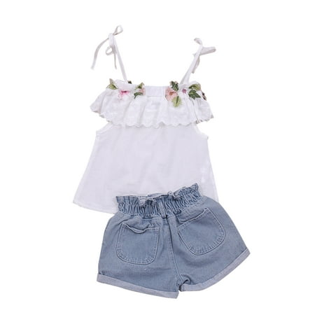 

Suanret Summer Lovely Toddler Baby Girls Clothes Flowers Sleeveless Belt Vest Tops Blue Denim Shorts Sets White Blue 3-4 Years