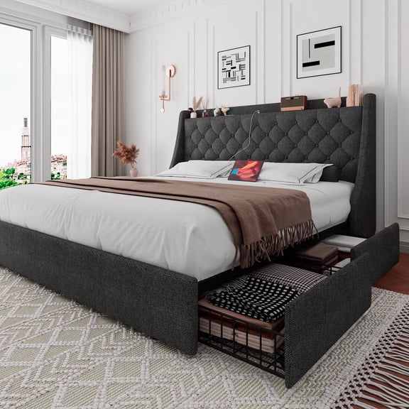 Virans Full Bed Frame with 4 Storage Drawers, Upholstered Platform Bed Frame with Type-C & USB Ports, Wingback Storage Headboard, Dark Gray